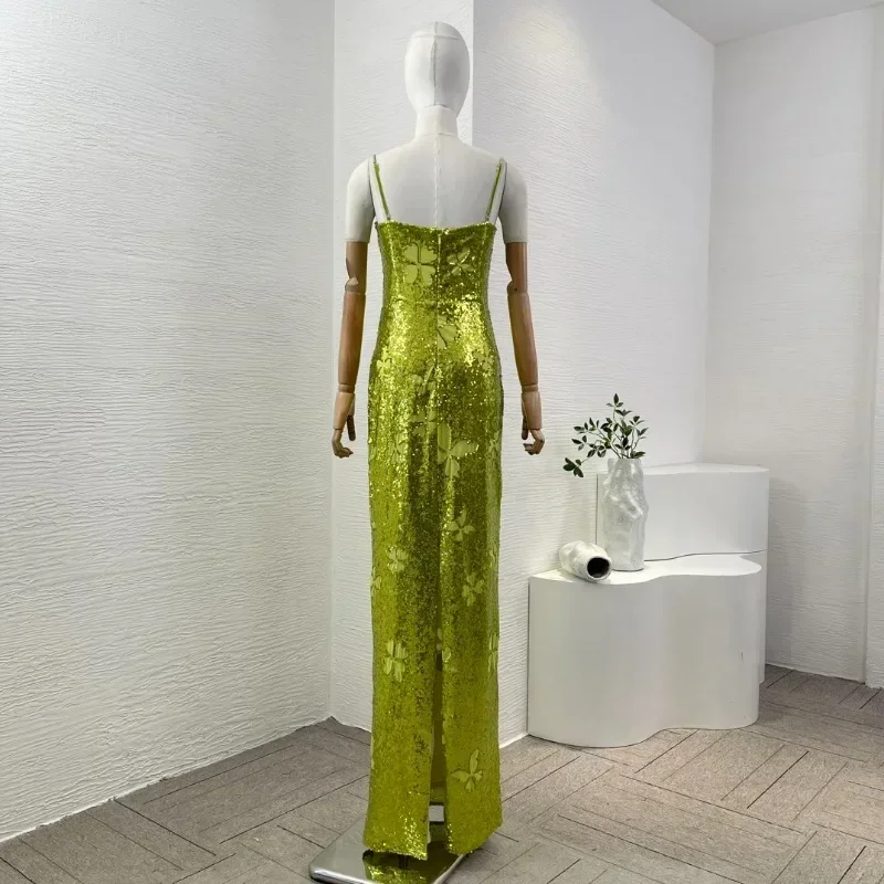 Weibliche silberne Schmetterlinge grünes Halfter Dimond elegante neue Mode Damen hochwertige 2024 elegante Pailletten Maxi kleider