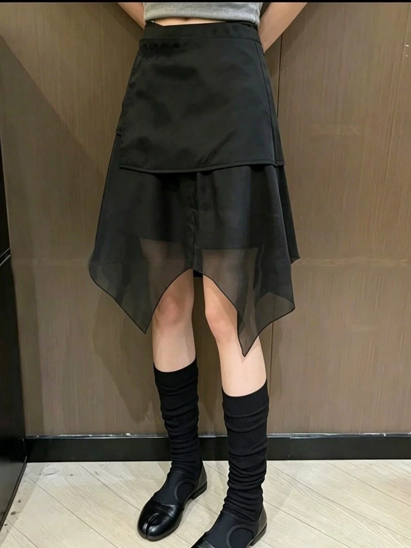 Korean Style High Waist Asymmetrical Mesh Splicing  Skirt Women's Autumn New Design Sensation Waist Seal Slim A-Line Skirt