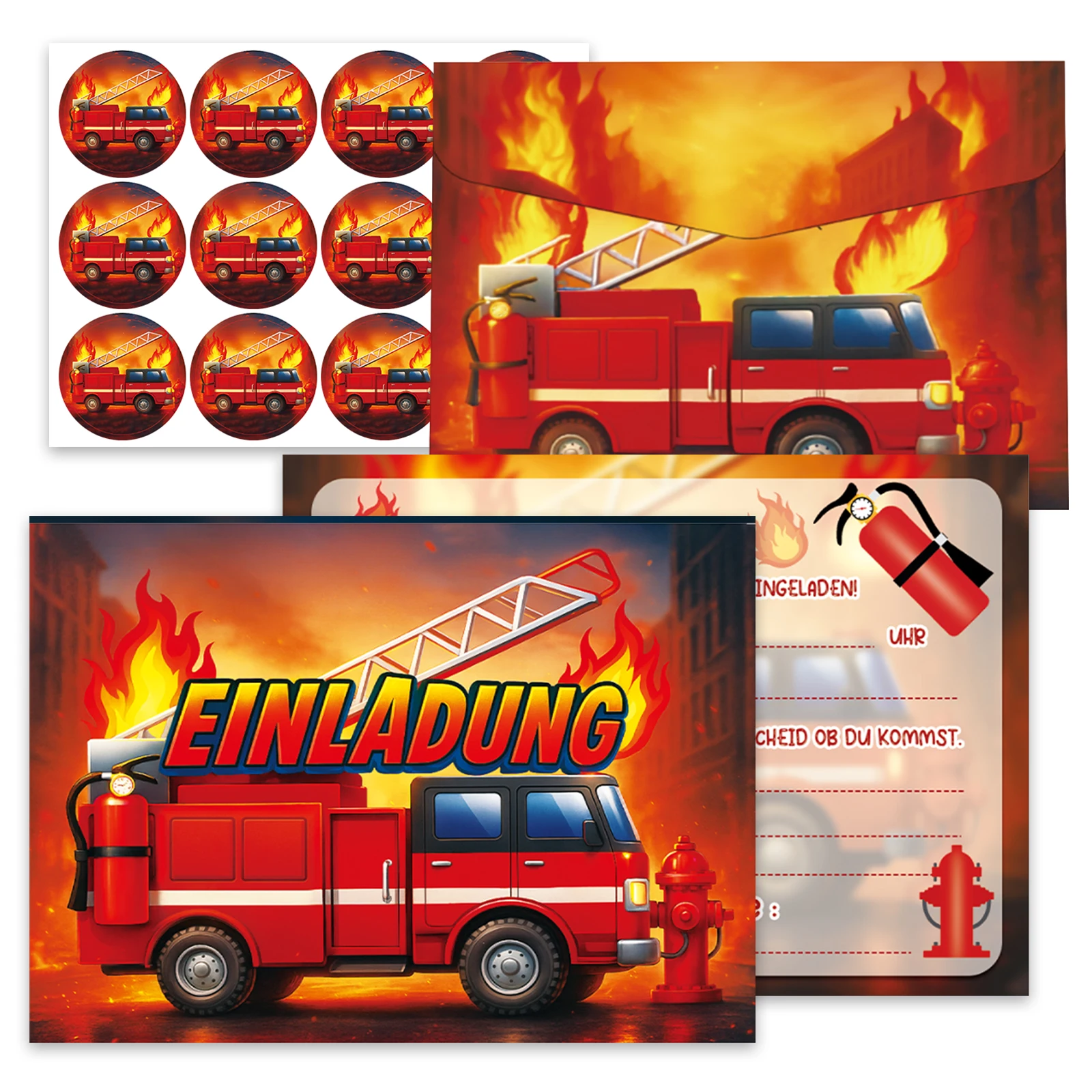 12 Sätze Party-Einladungskartensätze zum Thema Feuerwehrautos mit Umschlägen und Versiegelungsaufklebern. Einladungskarte zum Geburtstag des Feuerwehrautos