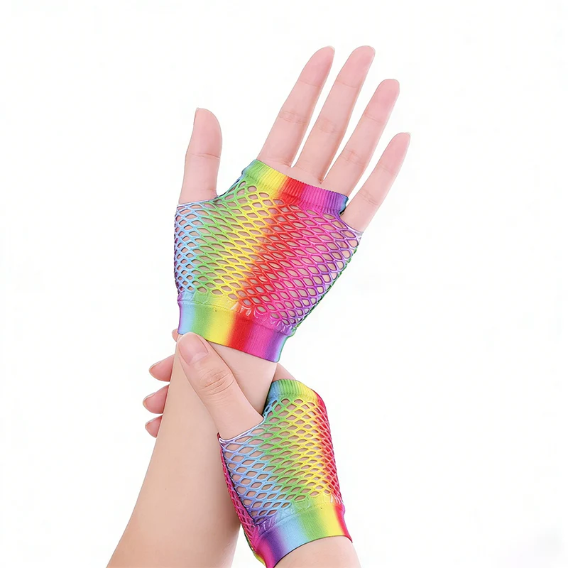 Rainbow Fishnet Short Gloves Prom Party Bridal Wedding Ceremony Sexy Punk Performance Wedding Party