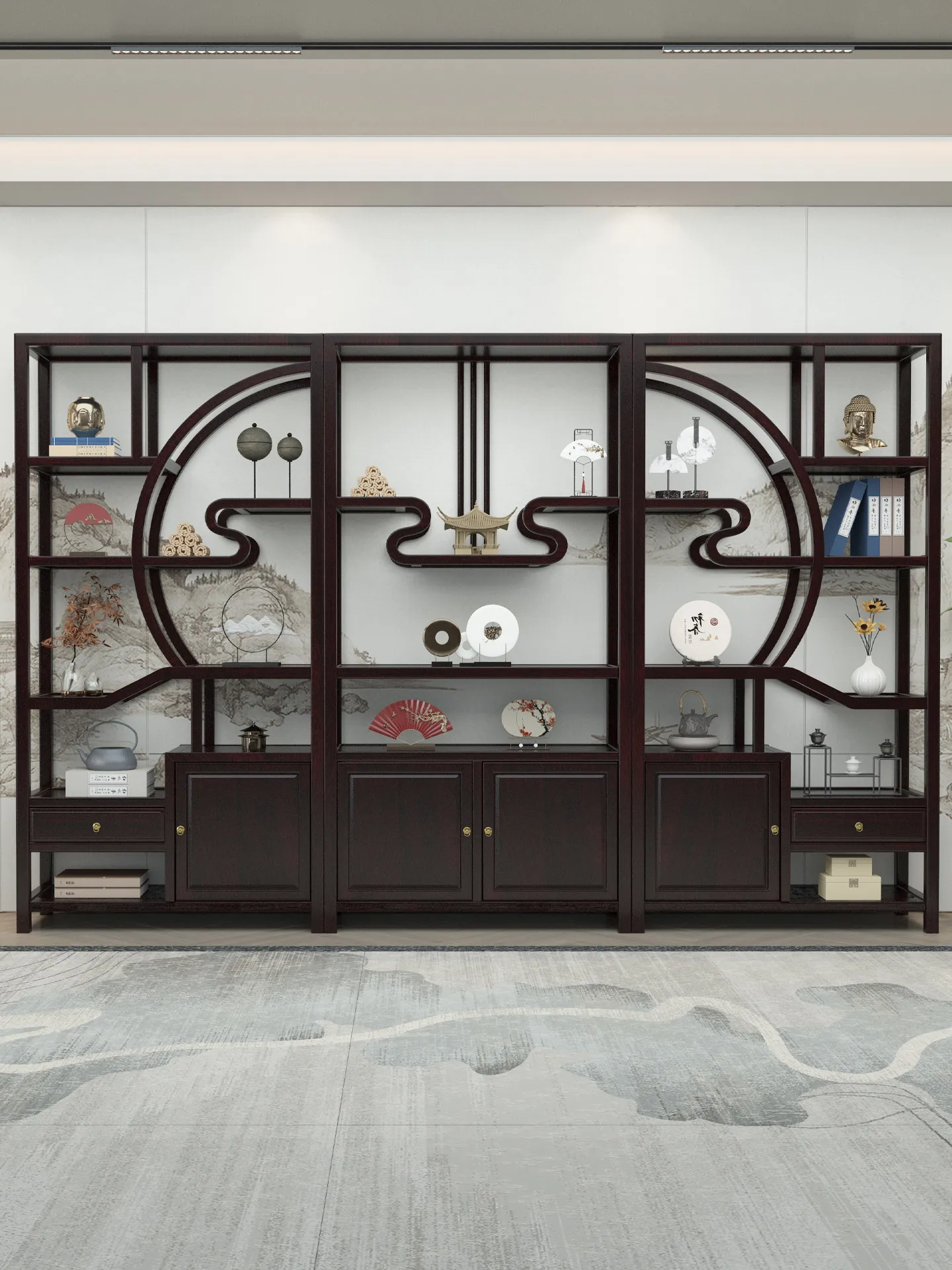 

PYJ ebony solid wood new Chinese style Duobao Pavilion living room partition entrance shelf display cabinet