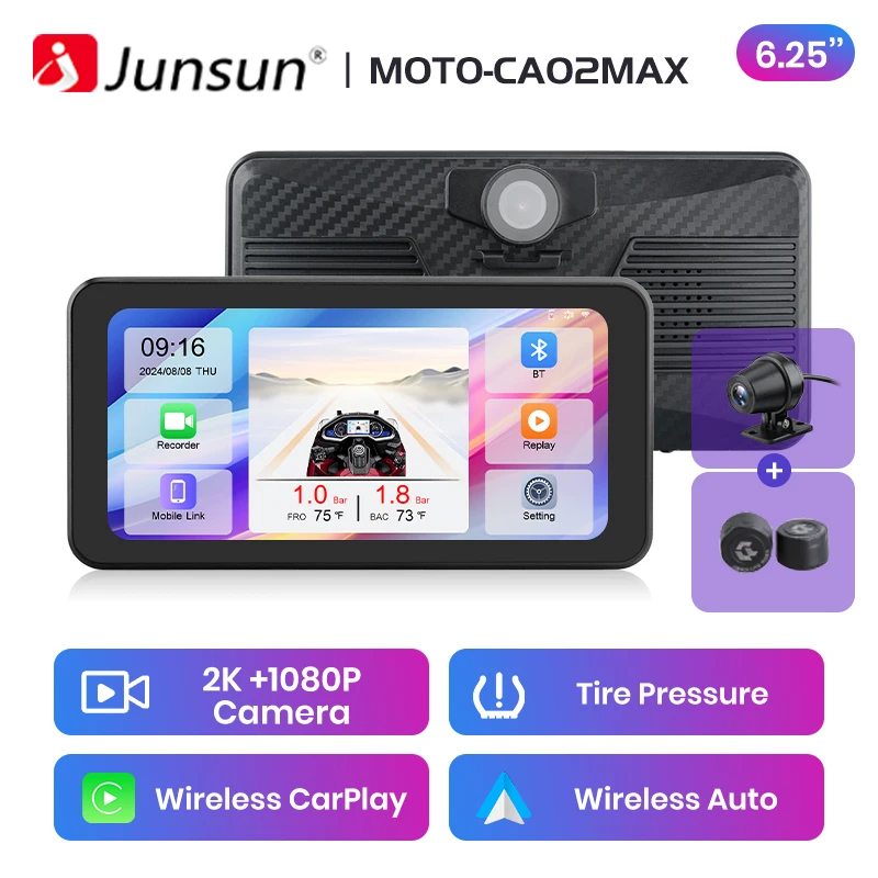 Junsun 8,1 inch Dual 2K motorfiets DVR Carplay Android Auto dashboard GPS navigatiedisplay IPX7 waterdichte dashcam draagbare digitale touchscreen monitor Moto BT