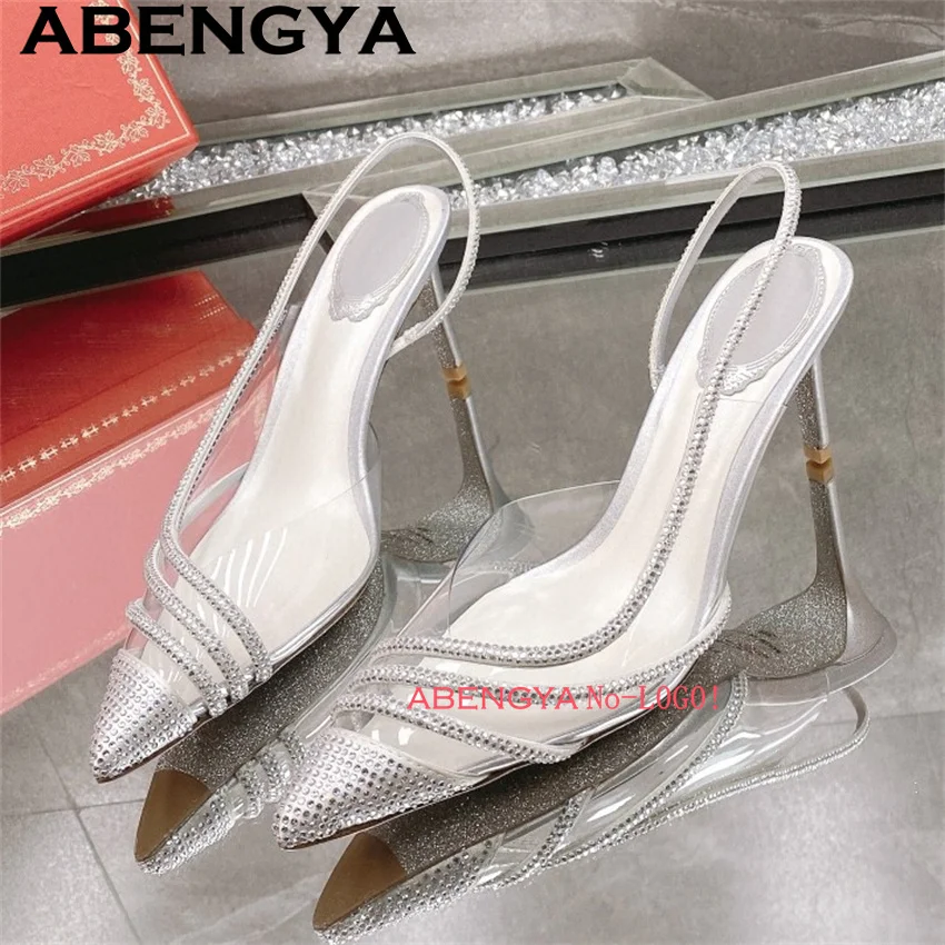 

Crystal Inlay PVC High Heels Sandals Women Bride Wedding Dress Shoes Women Summer Sexy Pointy Toe Gladiator Sandalias de Mujer