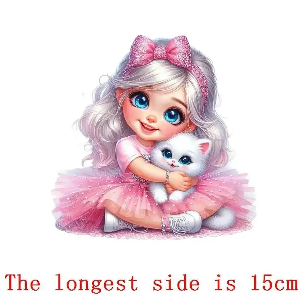 15cm Cute Pink Princess Girl Iron On Heat Transfer Sticker For Clothes Pinted Vinyl Thermal Appliques Washable T-Shirt Decal