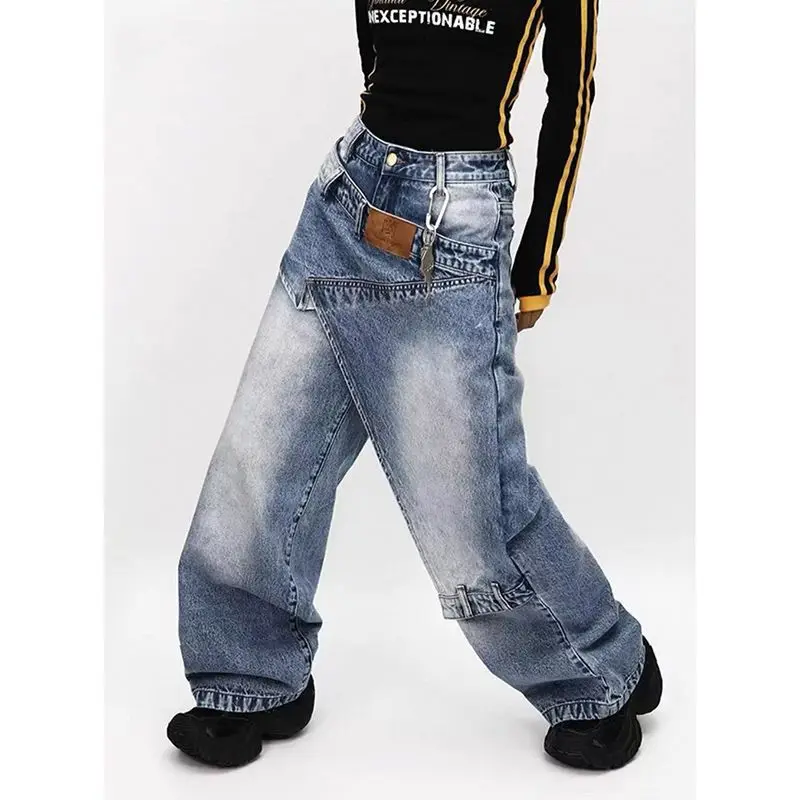 

y2k Women's American vintage fake two-piece layered jeans, hot girl loose lazy draped wide leg floor length designer denim pants