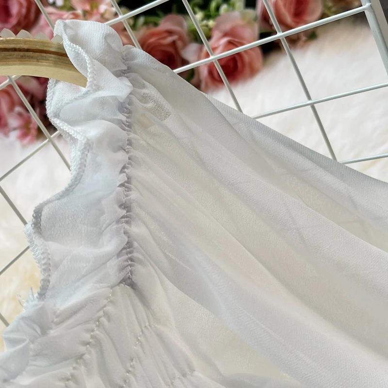 Nuove donne primavera autunno eleganti abiti da festa manica a sbuffo Slash Neck Off spalla Smocked abiti in Chiffon bianco