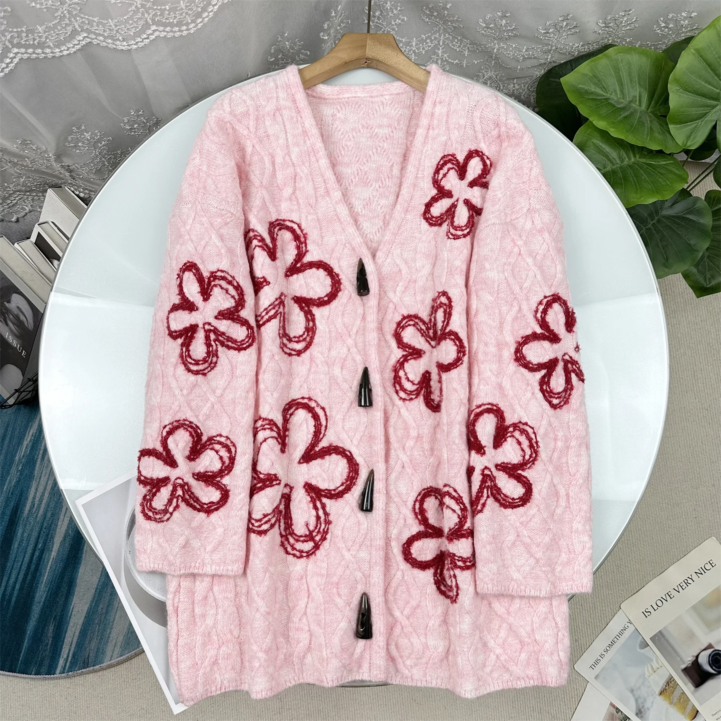 

Soft Filter! Mixed Knit V-Neck Twisted Flower Embroidery Open Cardigan Women Loose Lazy Feeling Sweater Women's Fashion Style