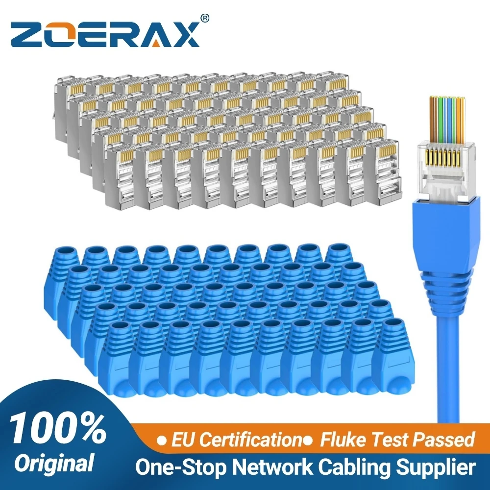 ZoeRax 50PCS RJ45 Cat6 CAT5E UnShielded Pass Through Connector and Strain Relief Boots Kit Gold-Plated 8P8C RJ45 Modular Plug
