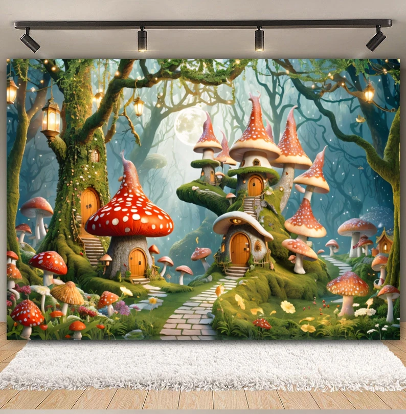 Fairy Tale Enchanted Forest Backdrop Dreamy Mushroom Jungle Wonderland Baby Birthday Party Photography Background Photo Studio