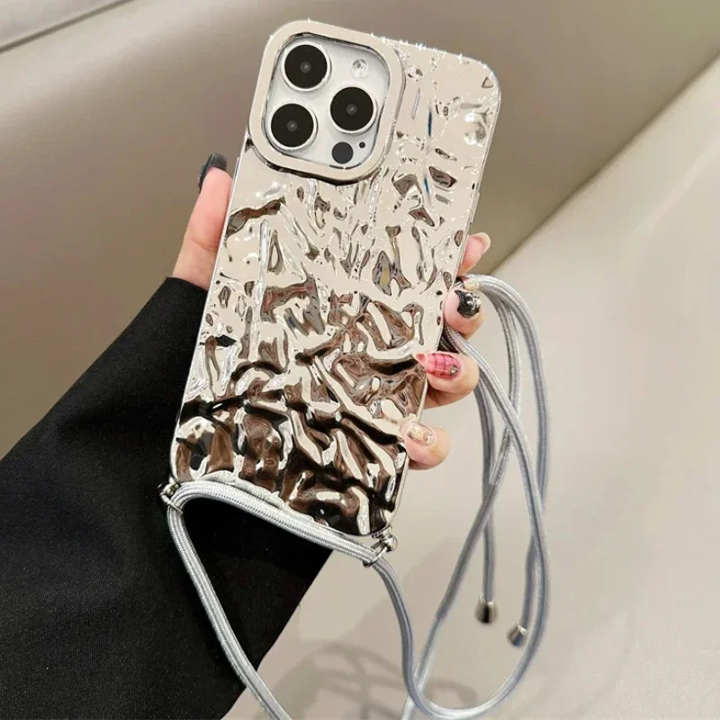 Bling Silver Paper Crossbody Lanyard Phone Case For iphone 16 15 14 Plus 13 11 12 Mini Pro Max Silicone Soft TPU Back Cover