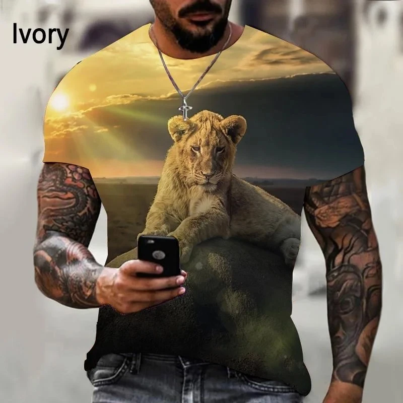 New Fashion Lion Pattern Printed Men's T-shirt Street Fashion Harajuku Round Neck Short Sleeve Large Comfortable Top image 5