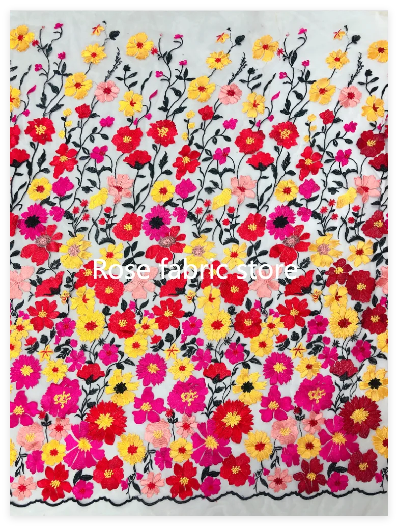 High quality Colorful 3D flower embroidery Lace Fabric floral Tulle fabric For Girl Dress ball gown Dress Wedding Dress 5 yards view 6
