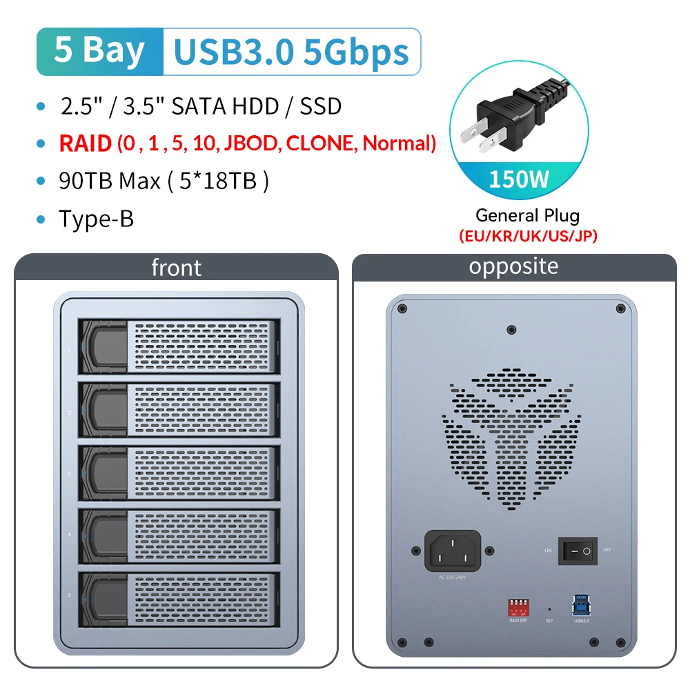 【Free Shipping From Overseas Warehouse】Yottamaster 5 Bay 90TB RAID externe harde schijfbehuizing 150W vermogen met koelventilator 2,5 "3,5" SATA HDD SSD harde schijfopslag