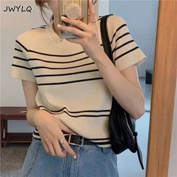 Summer Plus Size 3xl Stripe Short Sleeve Knitted Sweaters Korean Loose O-neck Streetwear Pullover Sweater Simple Women Clothing