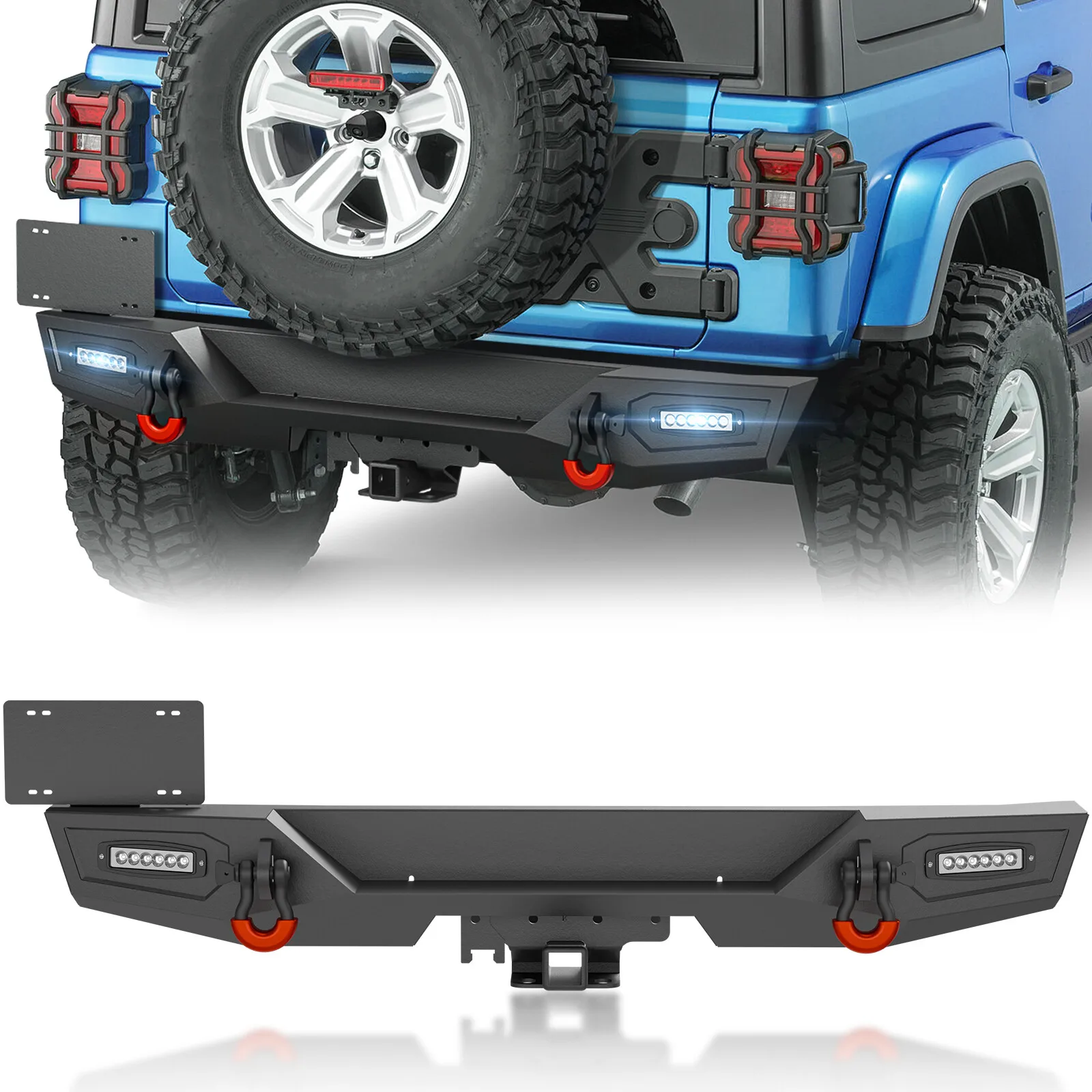 

Задний бампер с рамкой номерного знака, светодиодными фонарями 2x18 Вт, 2-дюймовым приемником и D-образными кольцами для Jeep Wrangler JL JLU Unlimited 2018-2025 гг.