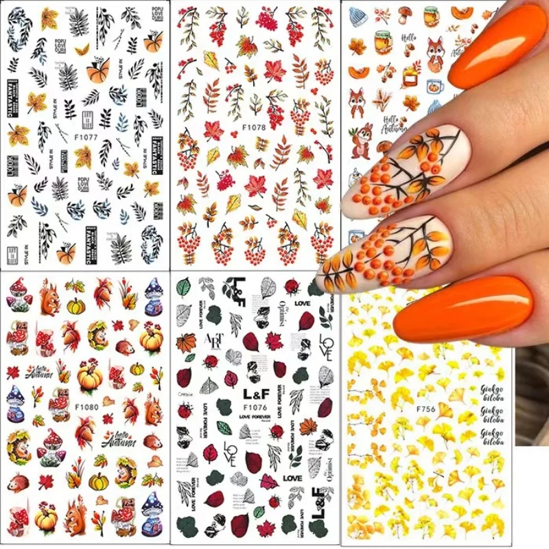 New Cartoon Animal Nail Sticker Cute Squirrel Nail Supplies Nail Art Decal Autumn Flowers Stickers For Nails Nail Art Decoration