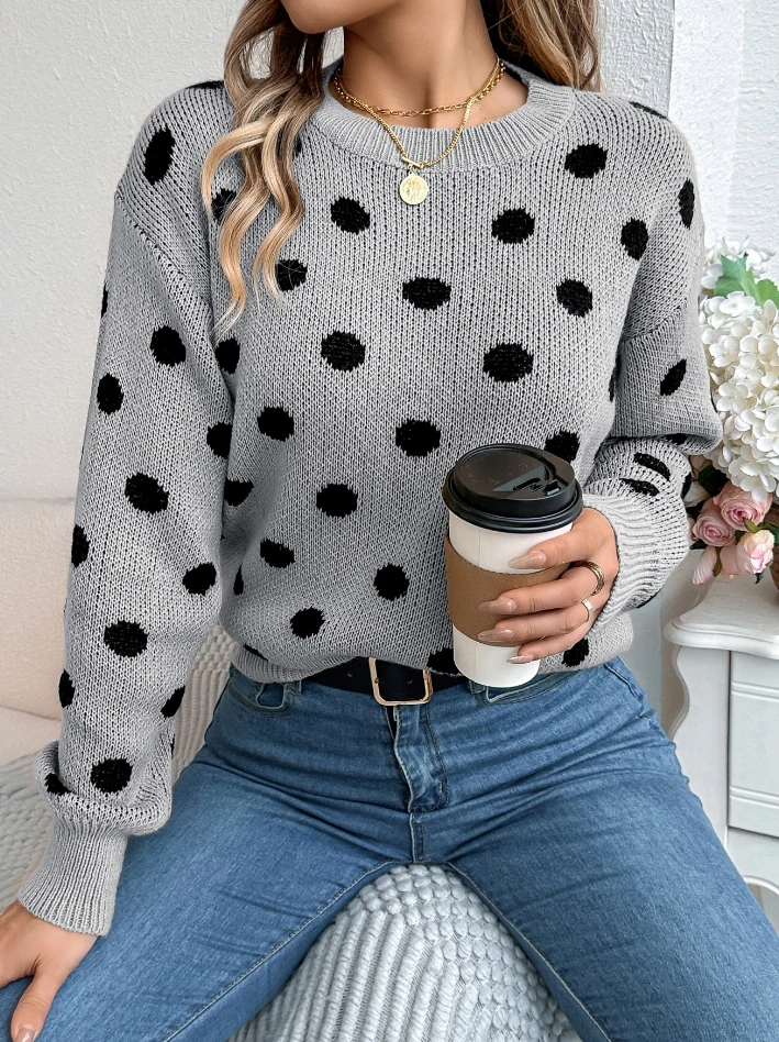 

Elegant Sweater for Women Casual Color Blocking Polka Dot Long Sleeved Pullover Sweater Retro Minimalist Personalized Sweater