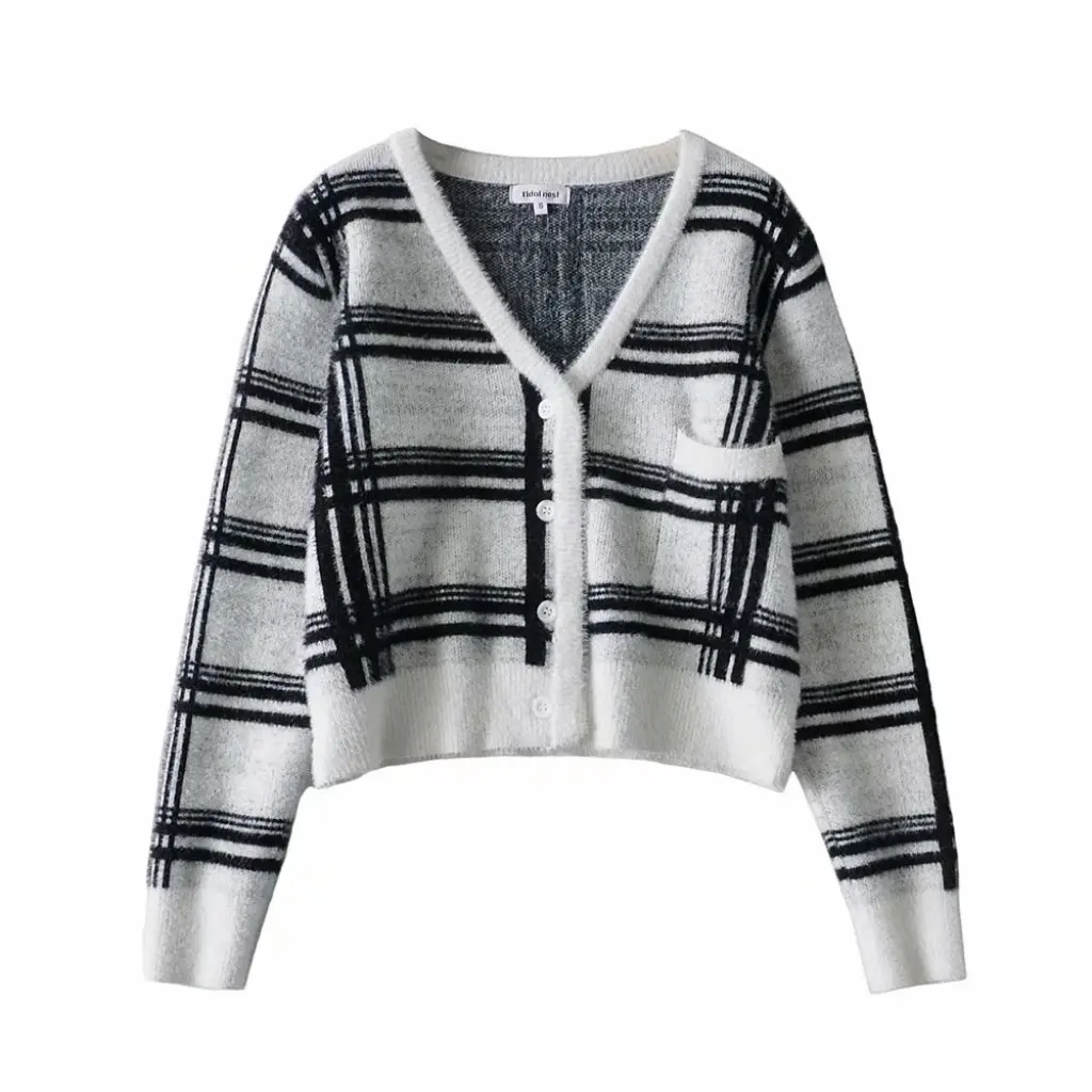 

Korean Style Spring Mauhair Thickened Loose Plaid Knitted Cardigan Sweater Women's Loose Fit Jacket NSS700