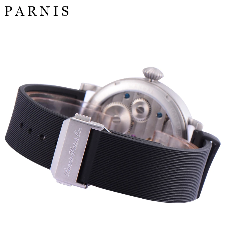 Parnis 46mm Silver Case Hand Winding Luminous Mark Men\'s Causal Watch Stainless Steel Case Small Second Men Watch Leather Strap