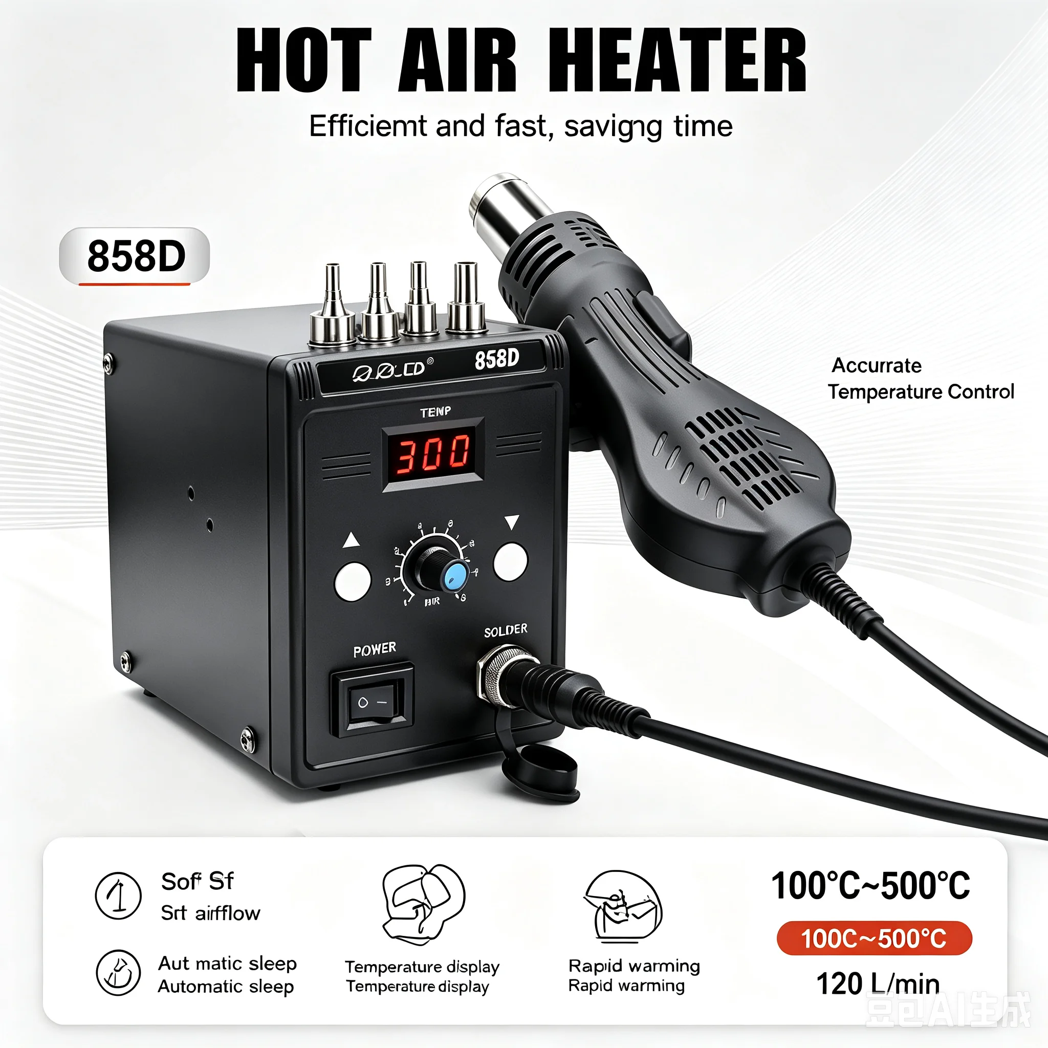 JCD 858D Hot Air Rework Station 700W Digital LED Display Hot Air Gun Soldering Station 100-500℃ Adjustable Air Volume BGA SMD Chip Desoldering Tool For Phone Motherboard PCB Repair