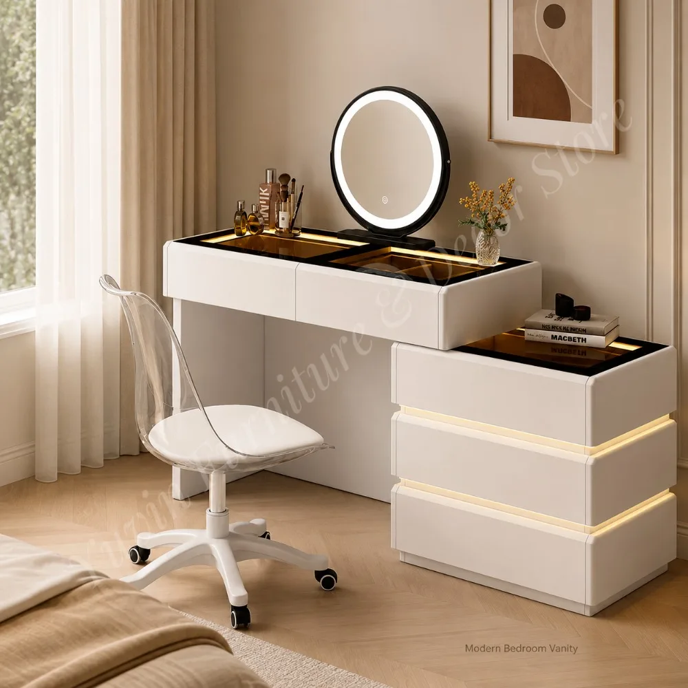 Modern Makeup Vanity Desk Set with Lighted Dimmable Mirror and Reversible Storage Cabinet for Bedroom & Bathroom