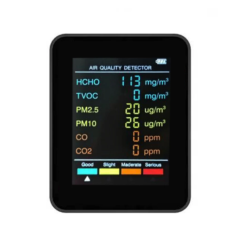 Detector de qualidade do ar para testar pm2.5/pm10/hcho/tvoc/anóxido de carbono/formaldeído 6 em 1 tela lcd multifuncional portátil