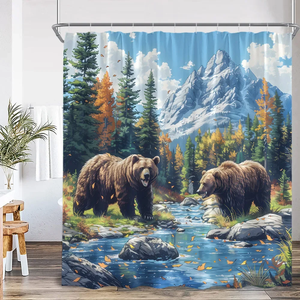 Brown Bear Animal Print Shower Curtain Forest Scenery Snow Mountain Stream Natural Landscape Polyester Bath Curtain with Hook