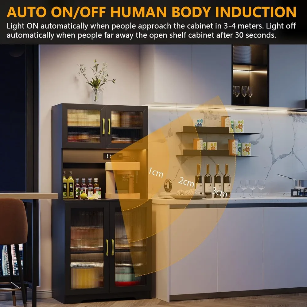 with Charging Station, Sockets & USB Ports, Kitchen Pantry Cabinet, Buffet Sideboard, Microwave Cabinet with Top