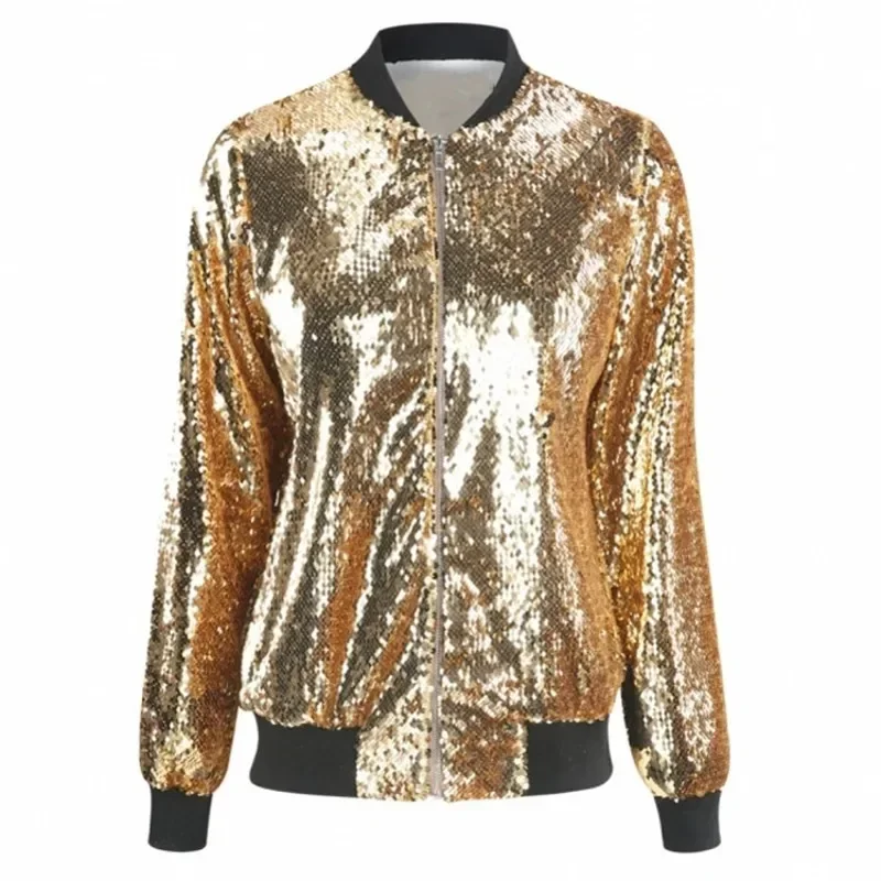 Baseball Collar Women's Gold Sequin Long Sleeve Jacket, Fashion Casual Coats, Asian Size S-3XL, Green Silver Black Available
