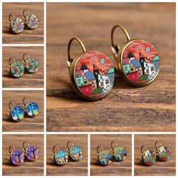 Fashion Jewelry Dome Glass Metal Earrings House Painting Pattern Creative Gifts