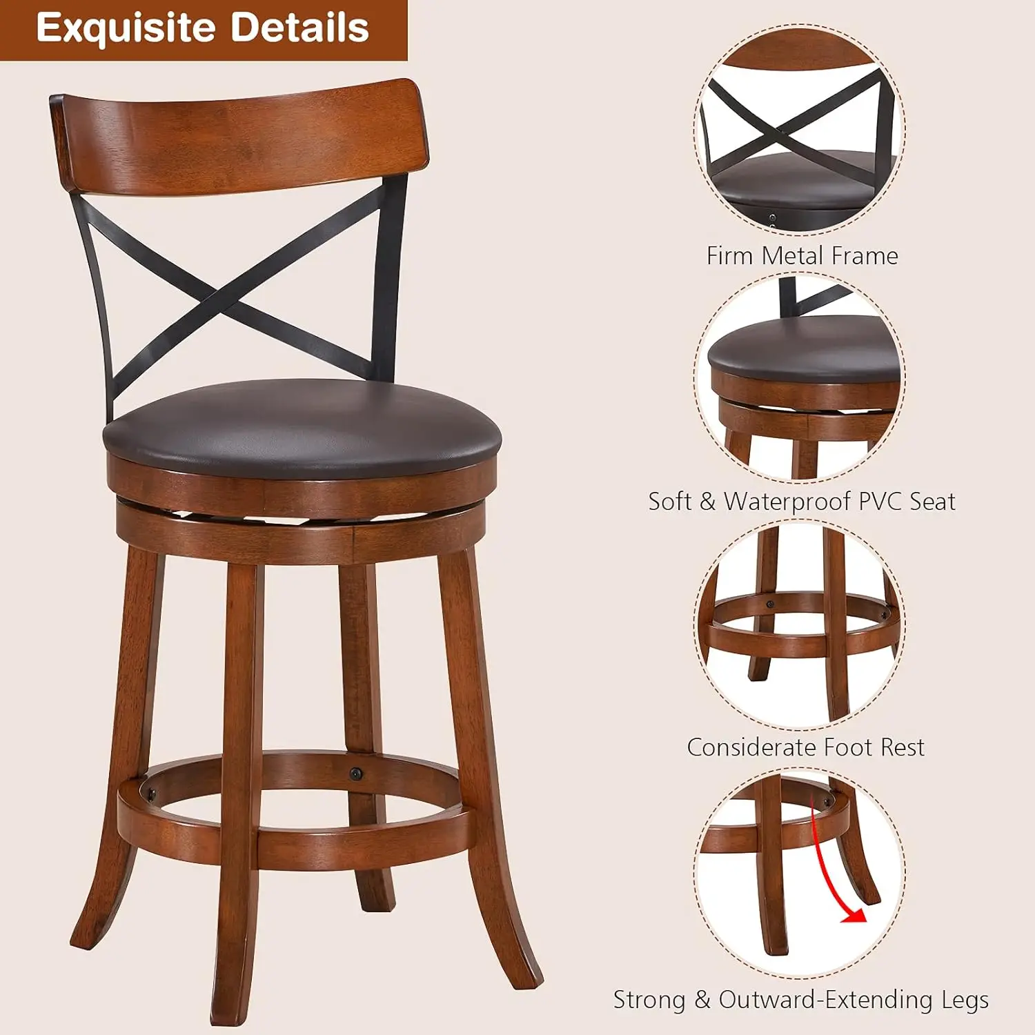 Swivel Counter Height Barstool 29 Inch Seat Height Bar Chair Cappuccino X Open Back （ 29 Inch,Set of 2）