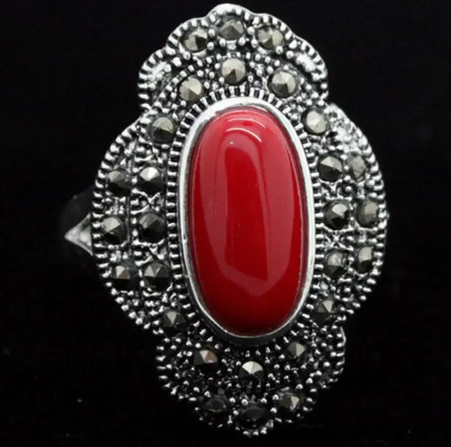 24*16mm Vintage 925 Silver Oval Red Coral Marcasite Ring Size 7/8/9/10