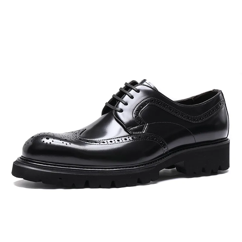 

British Style Formal Business Brogue Shoes Men Genuine Leather Office Commuting Thick Sole Derby Dress Wedding Shoes Male