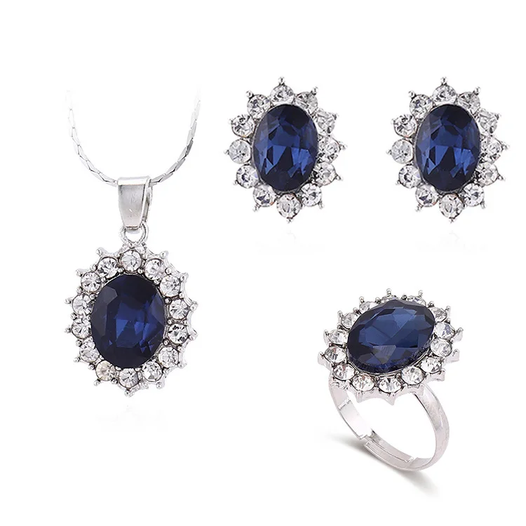 Luxury Jewelry Set for Women Girlfriend and Mother Blue Zircon Necklace Earrings Ring Sets Bridal Accessories Three Piece Gifts