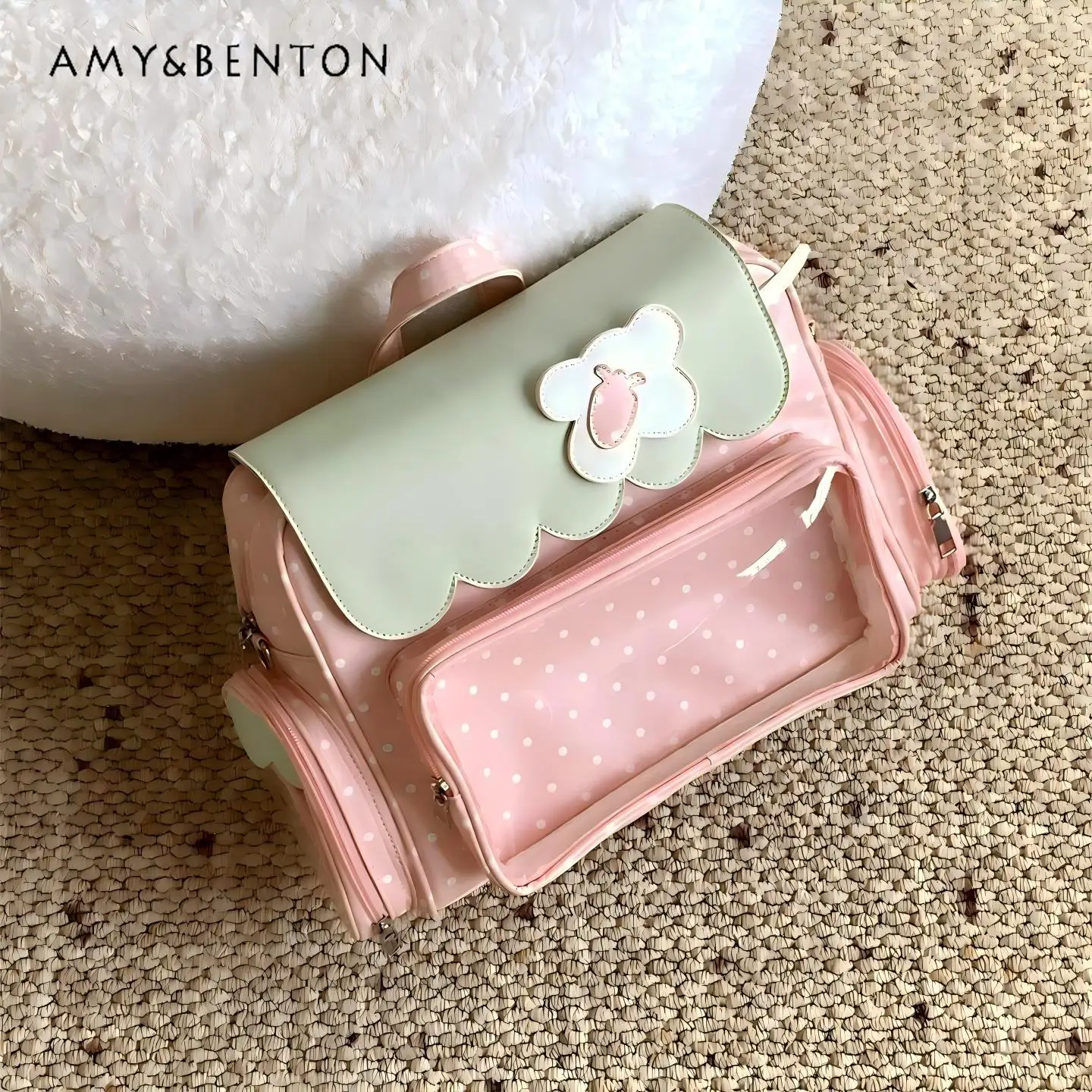 

Cute Strawberry Print Anime Girl Itabag College Style Sweet Girl Transparent Patchwork Color Single Shoulder Bag Crossbody Bag