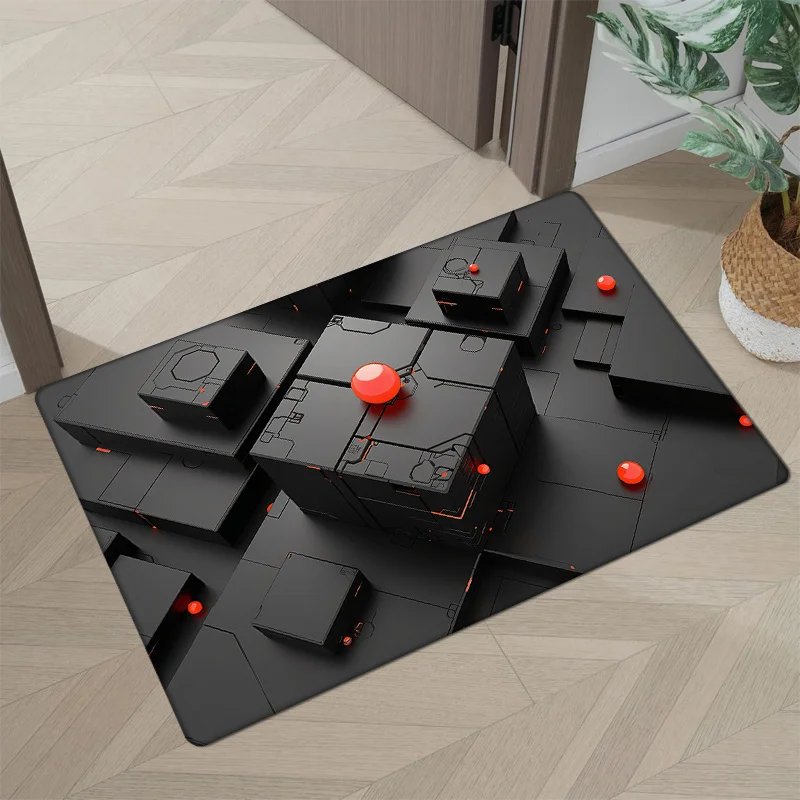 1pc Futuristic Black & Red Geometric Welcome Mat - Non-Slip, Absorbent Flannel Mat with Smooth Surface,  Thick - Perfect