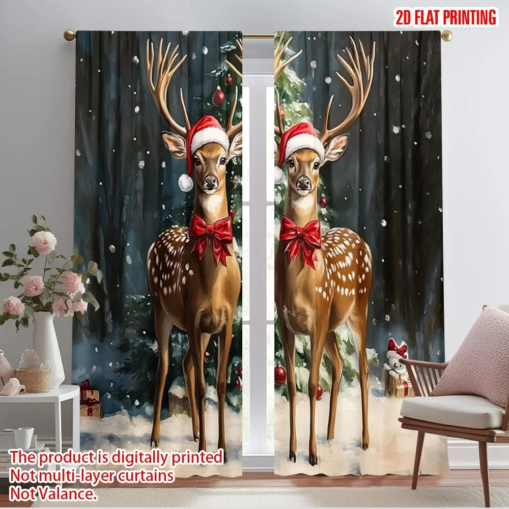 2pcs,2D plane printing Light Filtering Curtains Cute Deer Christmas Festive Scene Polyester Easy Install (without rod) Home