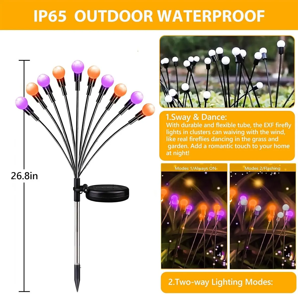 1/2pcs Halloween Solar Purple & Orange Firefly Lights With 2 Modes Garden Lawn Light For Home Party Yard Patio Pathway Decor