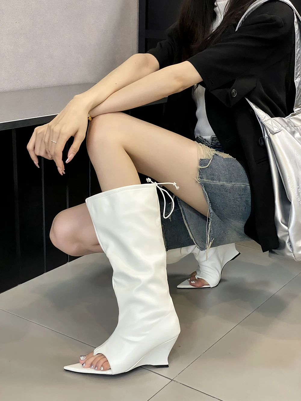 Clip Toe Women Knee High Heels Boots Fashion Summer Party Dress Shoes Wedge High Heels Back Bow Design Sexy Chelsae Botas 35-40