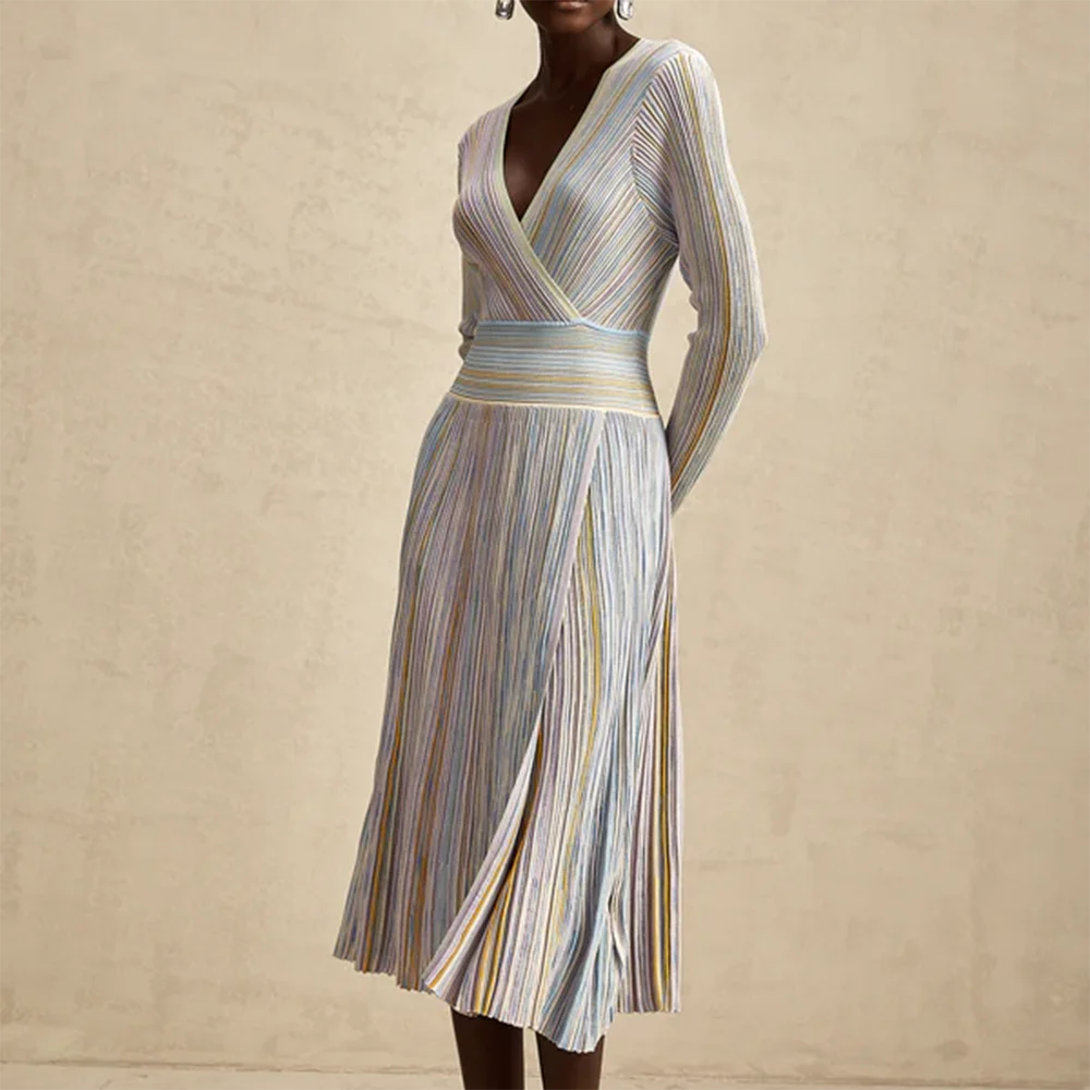TWOTWINSTYLE Hit Color Slimming Dresses For Women V Neck Long Sleeve High Waist Temperament Split Dress Female Fashion Style New