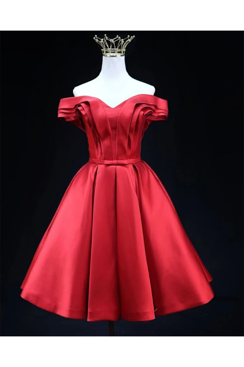 

QR Customized Elegant Luxurious Evening Dresses Pleats Prom Occasion Satin Off-the-shoulder Mini A-Line Bow Belt Ribbon Party