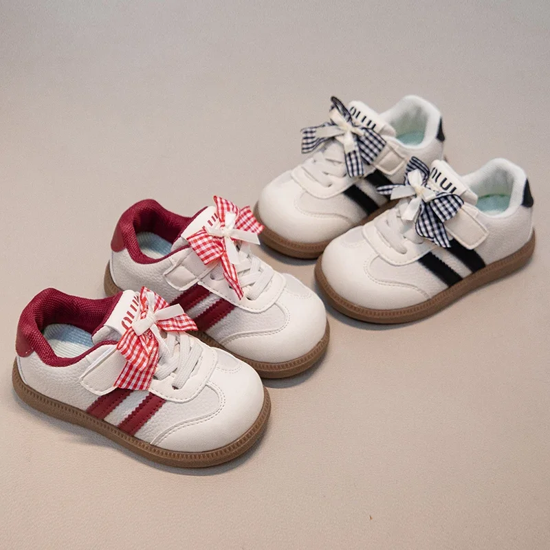 Cute Toddler Girls Sneakers Plaid Bow White Stripe Non-Slip Kids Shoes Casual Kids Footwear for Spring Sneakers for Boys Kids