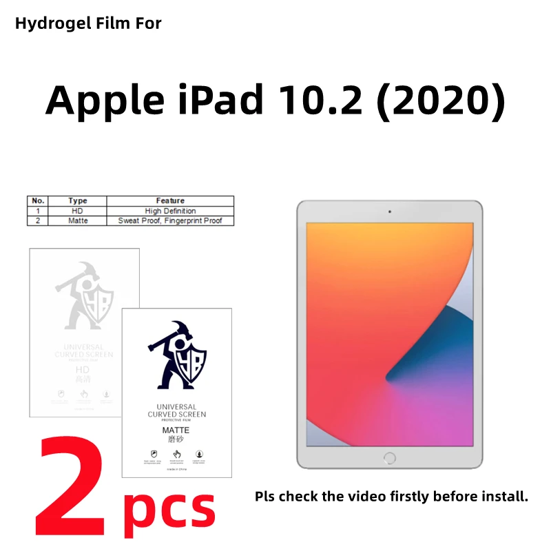 

2pcs HD Hydrogel Film For Apple iPad 10.2 (8th Gen) Matte Screen Protector For iPad 10.2 (2020) Clear/Frosted Full Cover Protect