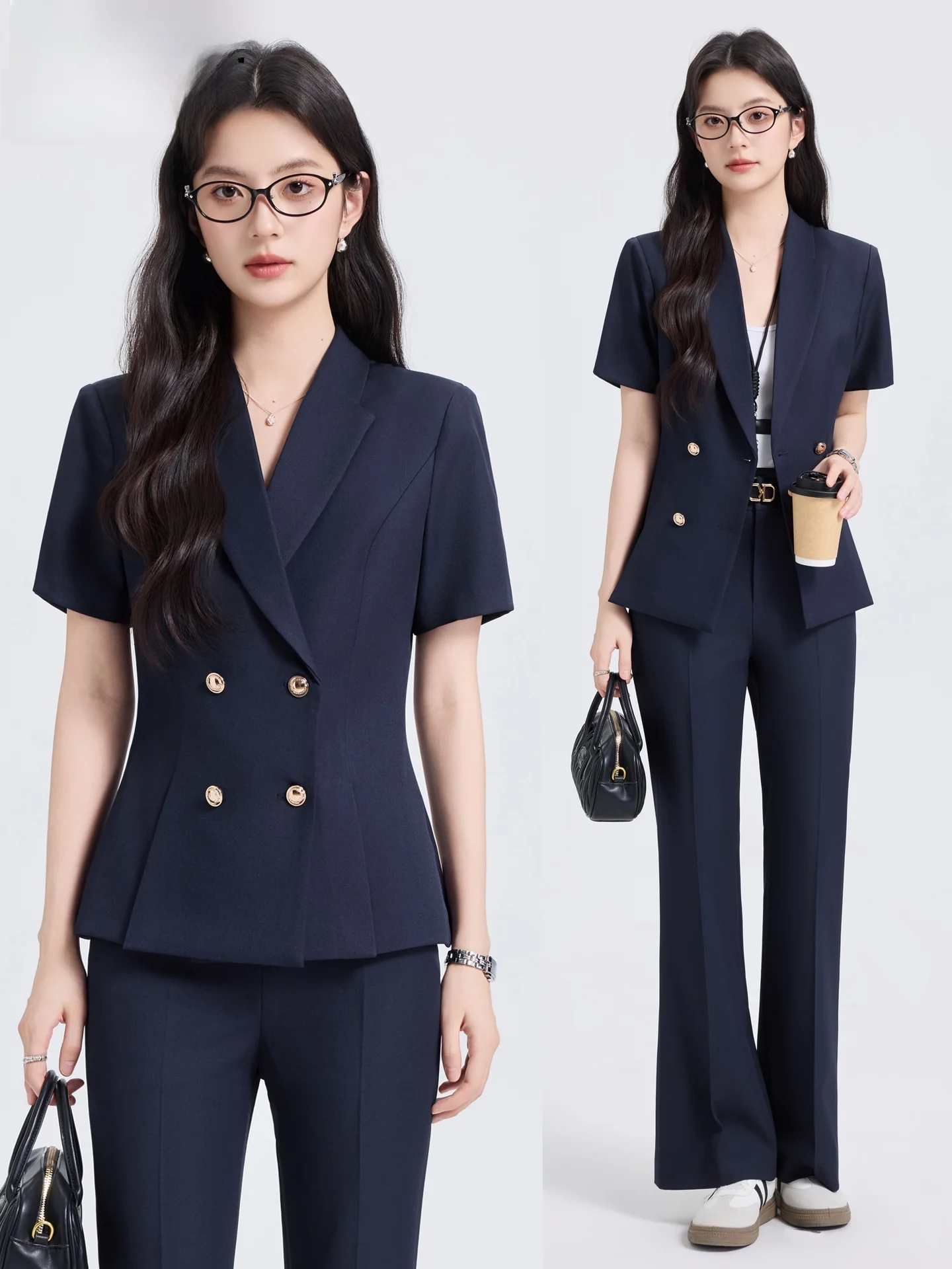

Summer ort Sve Suit Set Women's Ele Double Button Light Work Interview Profional Formal Western Sle Jaet