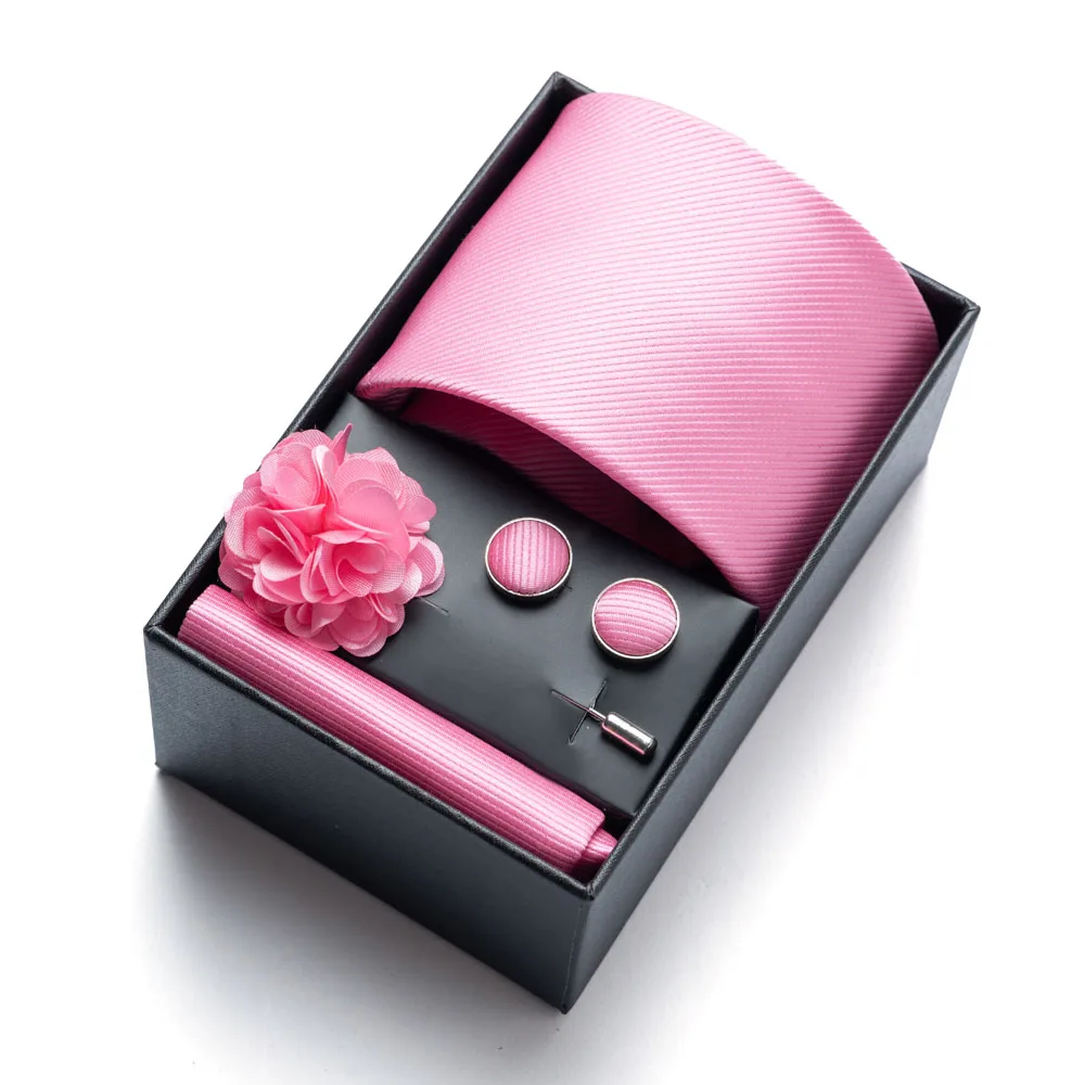 4-teiliges Set – einfarbige Herrenkrawatte, Einstecktuch, Manschettenknöpfe und Ansteckblume, hochwertige Geschenkbox, stilvoll und praktisch, El – Detail 4