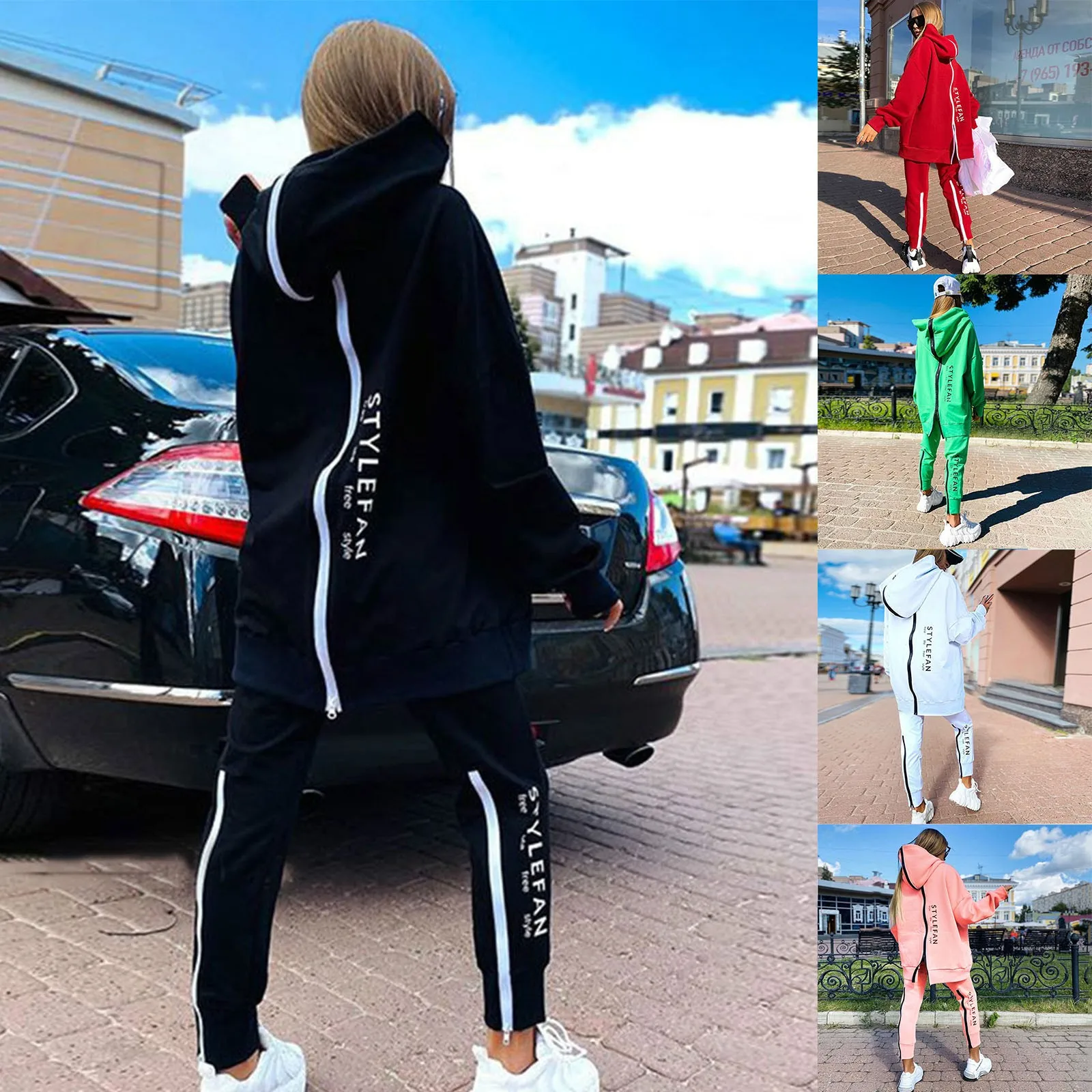 Letter Printing Harajuku Hoodies Set Women'S Long Zipper Front Loose Long Sweatshirts Jogger Pants Set Y2k Sudaderas De Mujeres