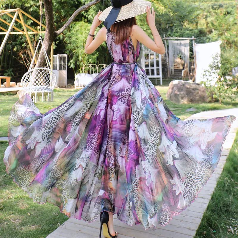 Chiffon Holiday Beach Long Sundress Summer Bohemian Flower Tropical Belt Fashion Boho Photo reggicalze Dresses for Women Long