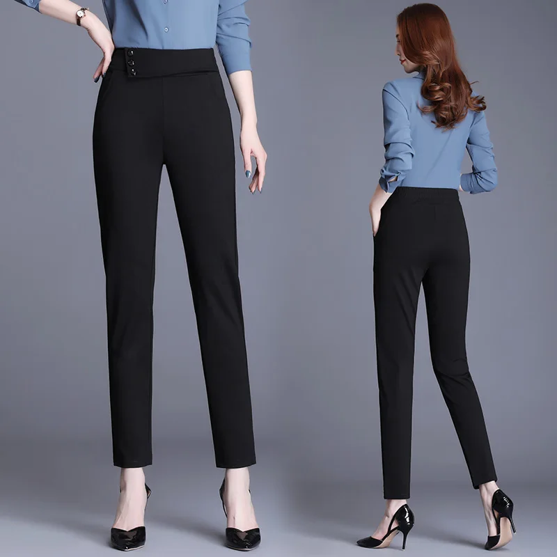 

South Korean Office Women's 2023 Spring and Autumn High Waist Elastic Waist Halen Long Pants Black Button Bottom Pants Women's