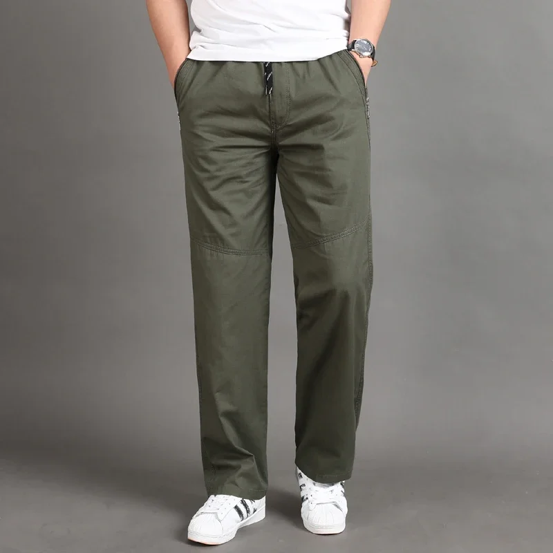 Men's Oversized Casual Pants Drawstring Cotton Mid Aged Working Trousers Plus Size Baggy Pants Solid Black Straight Trousers