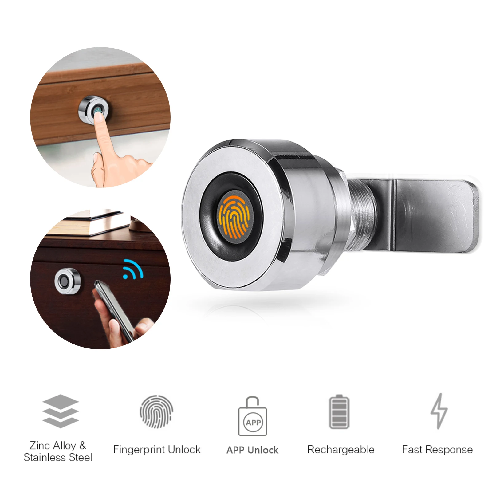 Fingerprint Drawer Lock Digital Cabinet Locks 20 Fingerprints Rechargeable Built-in Zinc Alloy Smart Lock for Home Office Gym